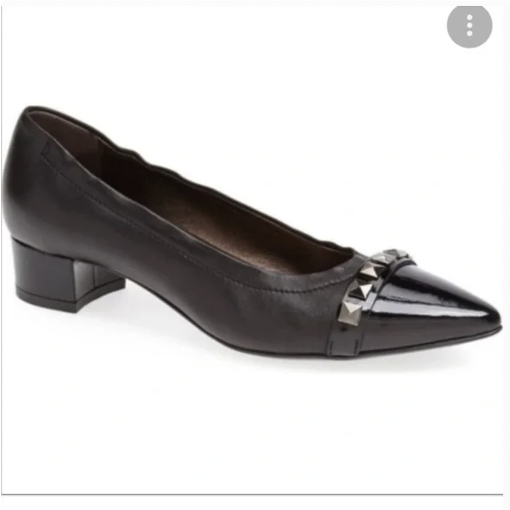 AGL Pyramid Studs block heel pointy toe pump in black leather Womens Size 27